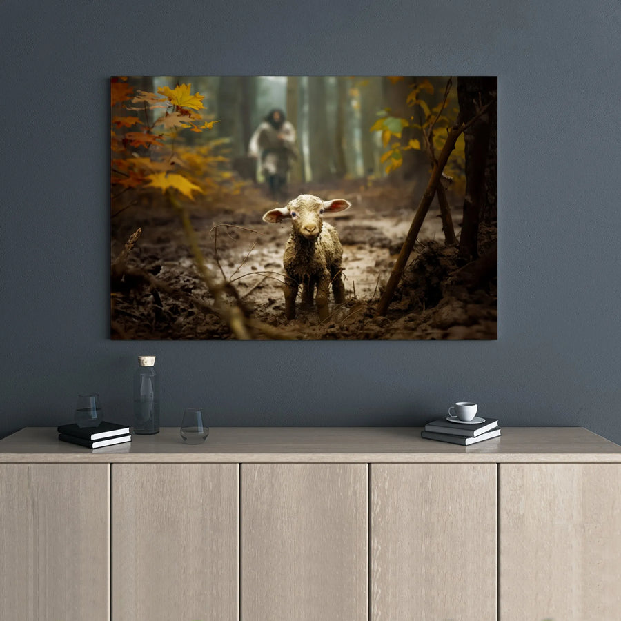 Jesus Good Shepherd Canvas Art | Lost Lamb In Forest Scene | Premium Gallery Wrap Wall Decor | Christian Faith Home Gift
