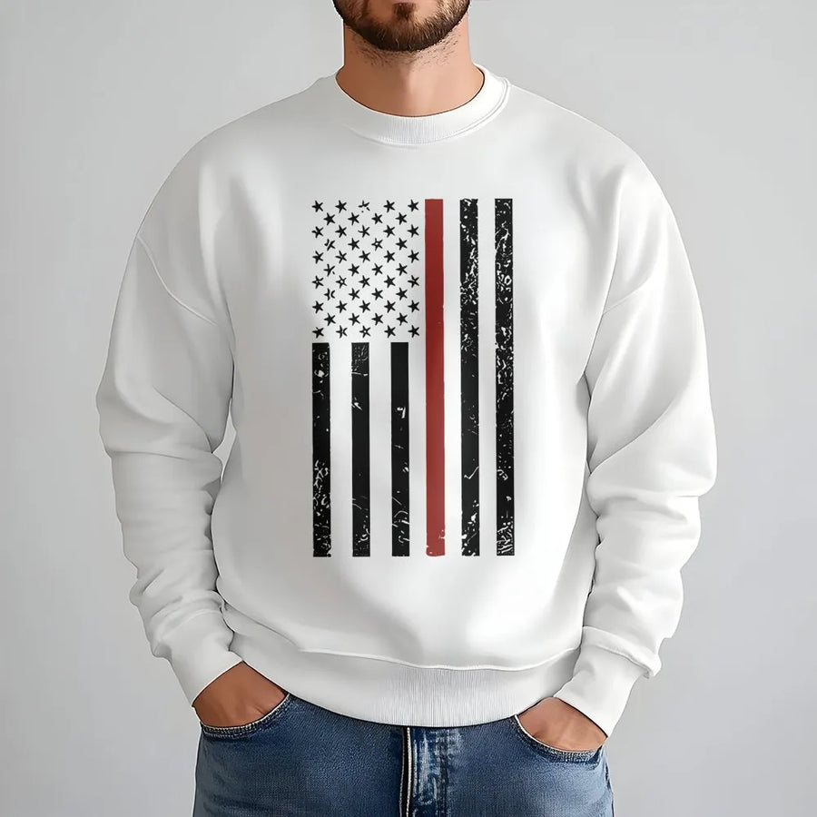 Thin Red Line American Flag Sweatshirt | Distressed Firefighter Hero Graphic | Premium Cotton Blend | Gift for Fireman and First Responder