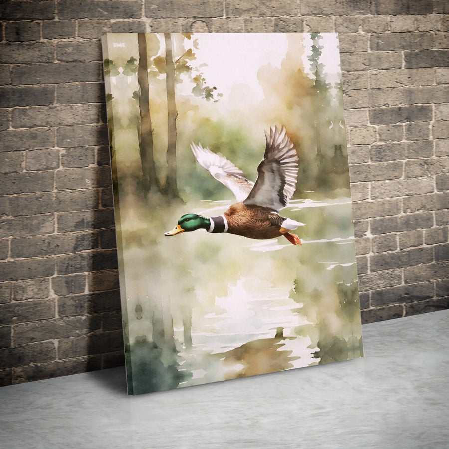 Mallard Duck Canvas Wall Art | Watercolor Flying Duck Nature Print | Premium 1.25-Inch Gallery Wrap | Rustic Wildlife Home Decor Gift