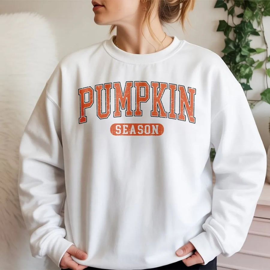 Pumpkin Season Sweatshirt | Retro Varsity Graphic Print | Premium Cotton Blend | Fall Aesthetic Halloween Gift for Women and Men