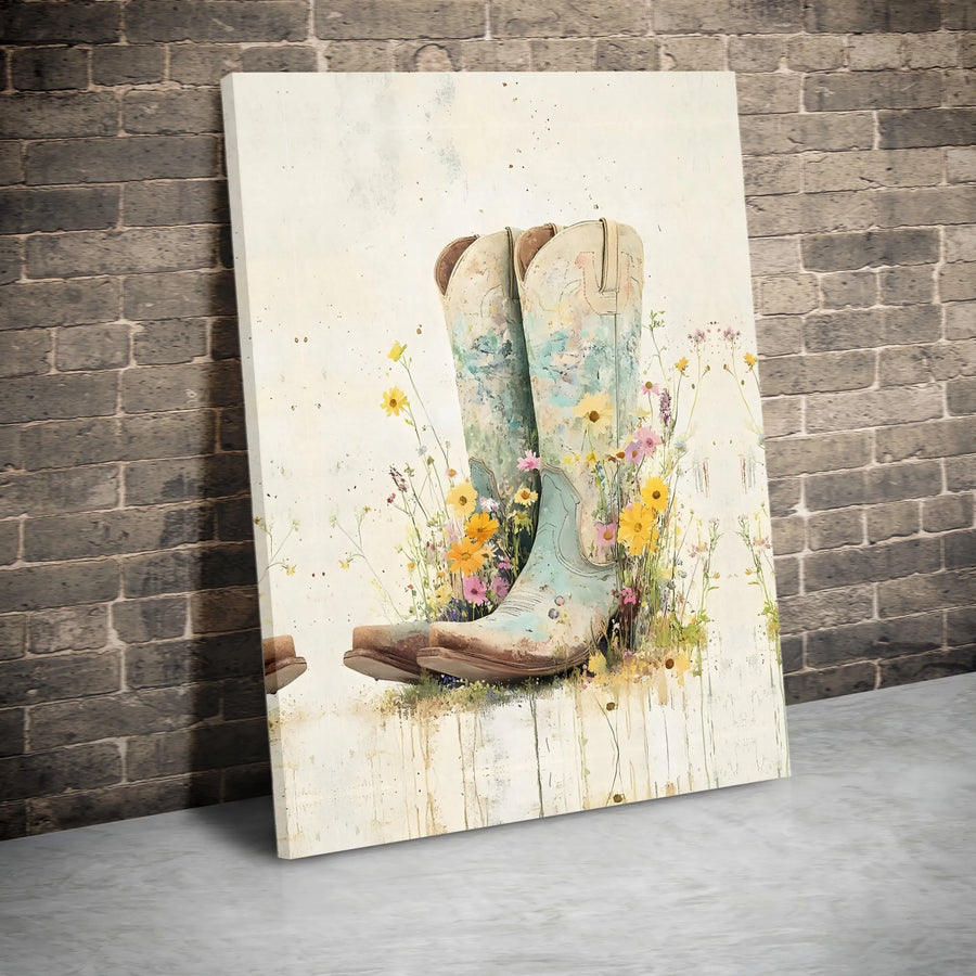 Watercolor Cowboy Boots Wall Art | Wildflower Western Decor Canvas | Premium Gallery-Wrapped Print | Farmhouse Gift For Country Home Decor