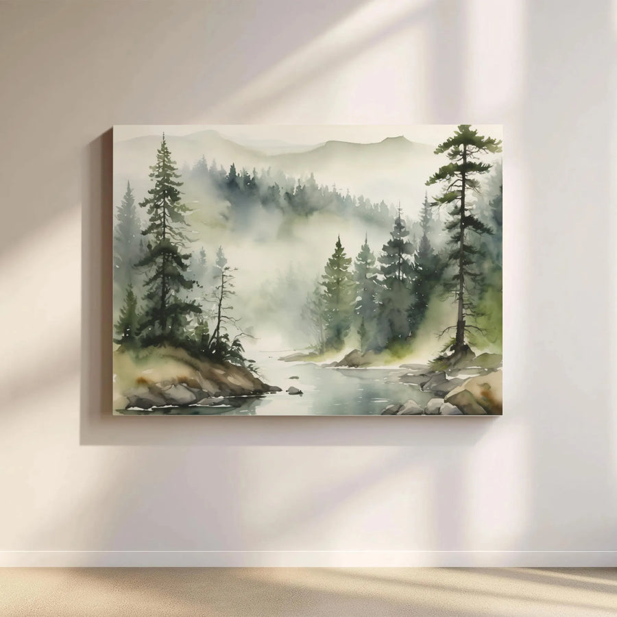 Misty Forest Landscape Canvas Wall Art | Watercolor Pine Trees River Print | Premium Gallery Wrap 1.25" Profile | Nature Lover Home Decor Gift