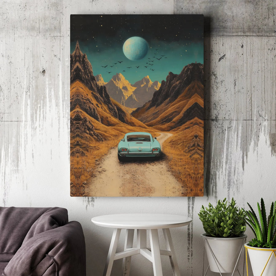 Vintage Car Canvas Art | Retro Sci-Fi Mountain Road Trip Scene | Premium Gallery Wrapped Canvas | Collector's Gift for Car Enthusiast