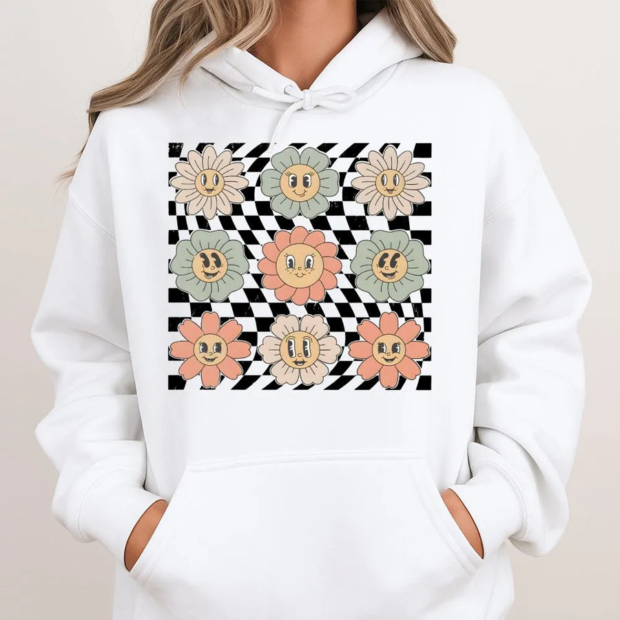 Retro Checkered Flower Hoodie | Groovy Smiley Floral Graphic | Soft Cotton Unisex Tee | Trendy Boho Gift for Women