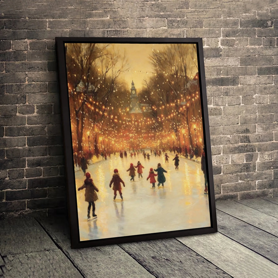 Winter Ice Skating Canvas Art | Impressionist City Street Christmas Scene | 1.25" Gallery Wrapped Premium Wall Decor | Cozy Seasonal Holiday Gift