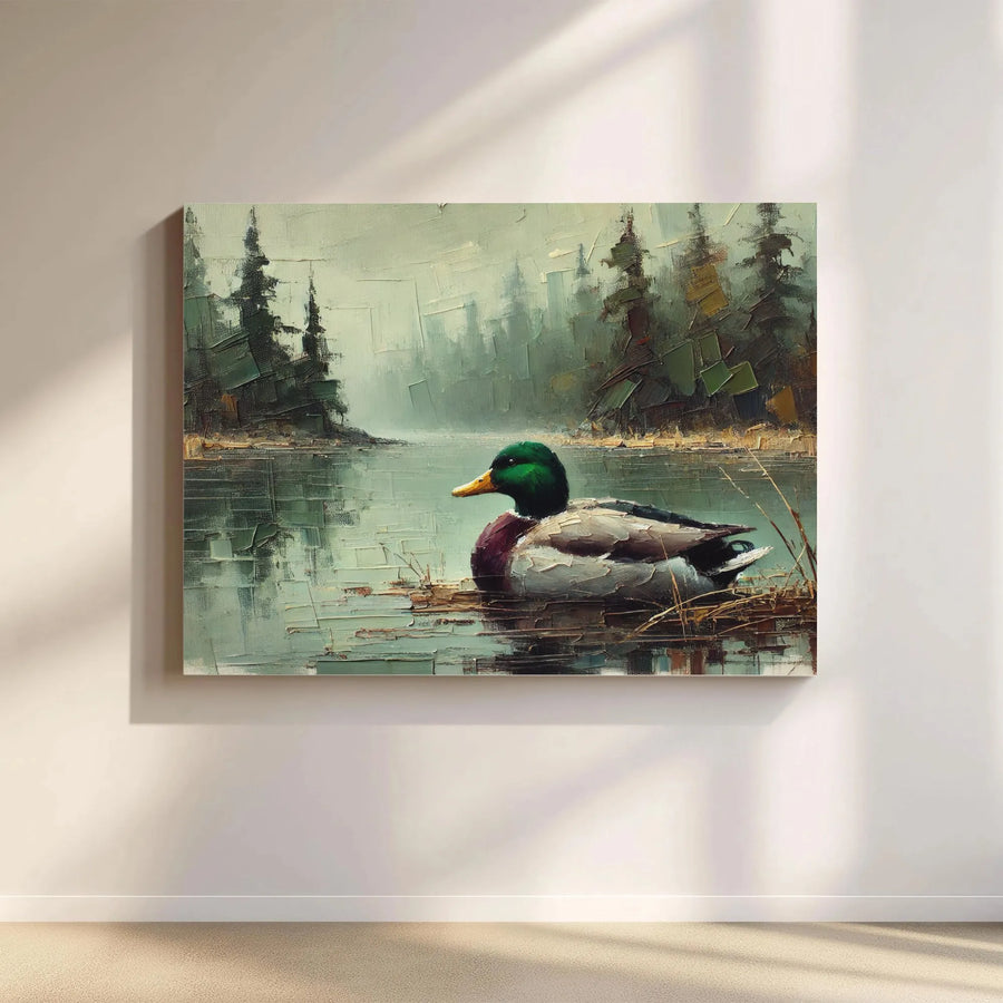 Mallard Duck Canvas Wall Art | Impasto Oil Painting Style Print | 1.25-Inch Gallery Wrap Frame | Rustic Lodge Decor for Nature Lovers