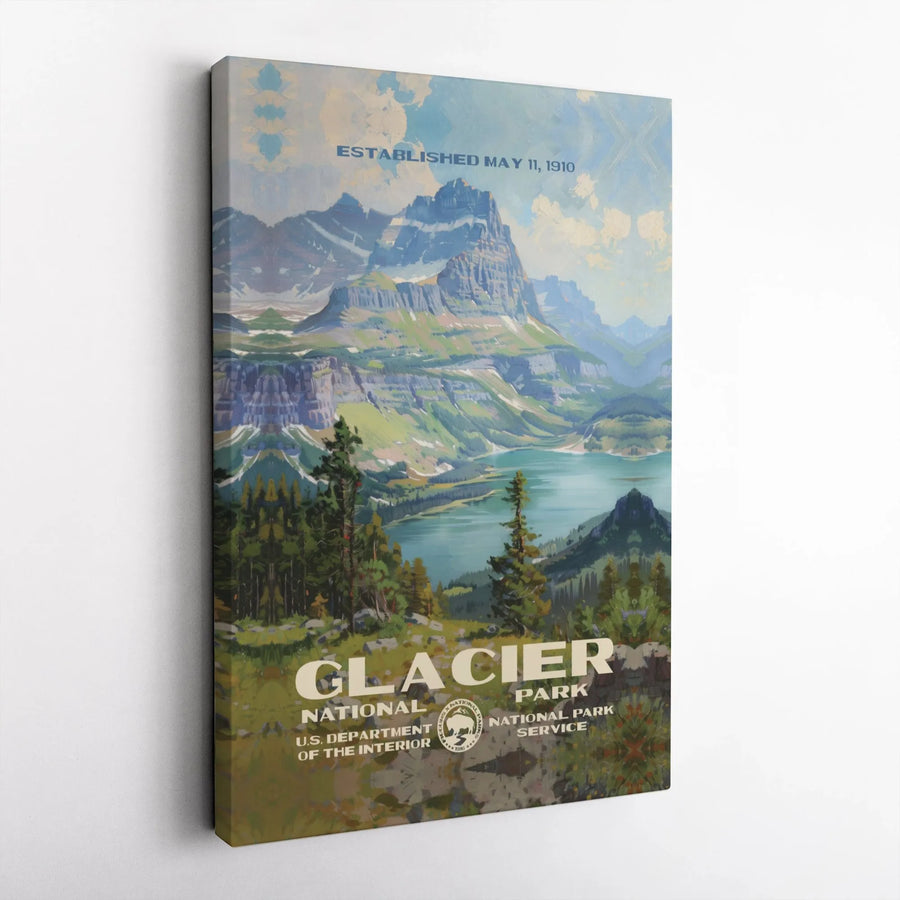 Glacier National Park Canvas Print | Vintage WPA Style Travel Poster Art | Premium 1.25 Inch Gallery Wrap | Montana Nature Lover Gift