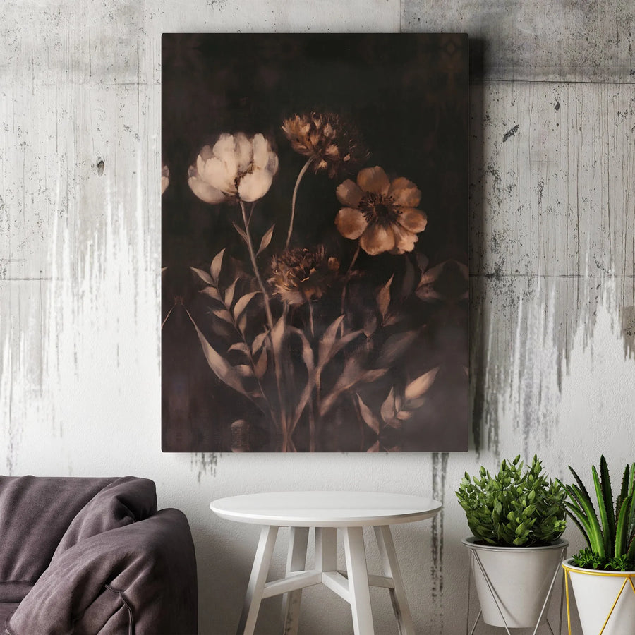 Dark Moody Floral Canvas Wall Art | Vintage Botanical Oil Painting Style | Premium Gallery Wrap Decor | Aesthetic Gift For Home Office