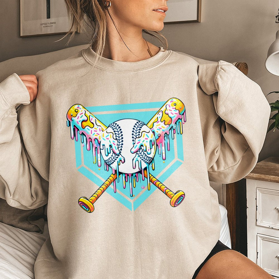 Baseball Drip Sweatshirt | Colorful Glazed Bat and Ball Graphic | Premium Cotton Blend | Gift for Baseball Players and Fans