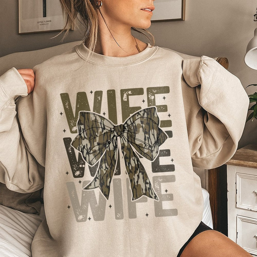 Wife Camo Bow Sweatshirt | Trendy Country Girl Aesthetic | Premium Cotton Blend | Gift for Hunting Wife and Outdoor Lovers