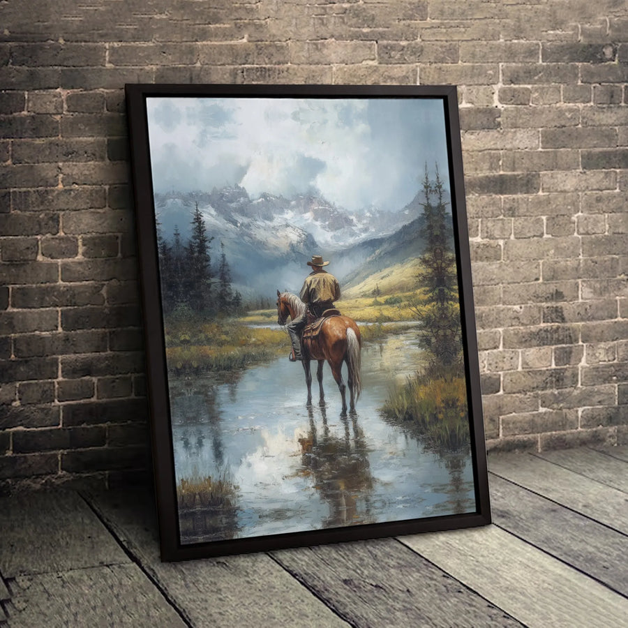 Western Cowboy Canvas Wall Art | Horse Riding Mountain River Landscape | Premium Fade-Resistant Print | Rustic Home & Office Decor Gift