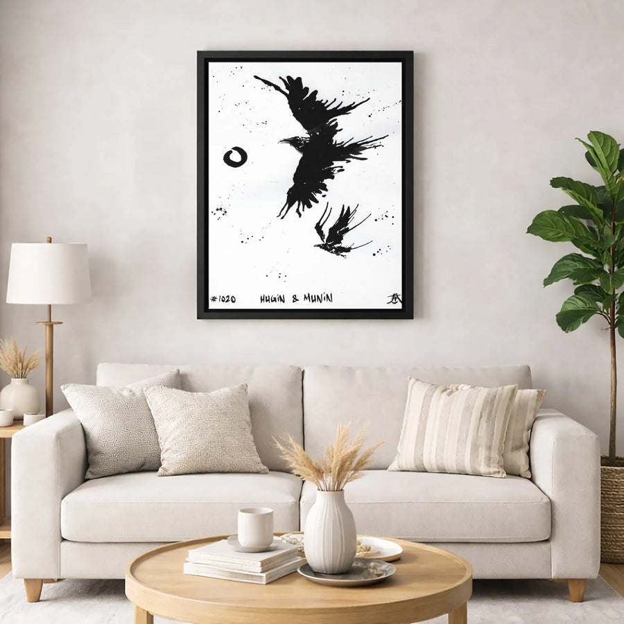 Hugin and Munin Canvas Print | Odin’s Ravens Japanese Ink Wash Style | Premium 1.25-inch Gallery Wrapped Art | Norse Mythology Wall Decor Gift