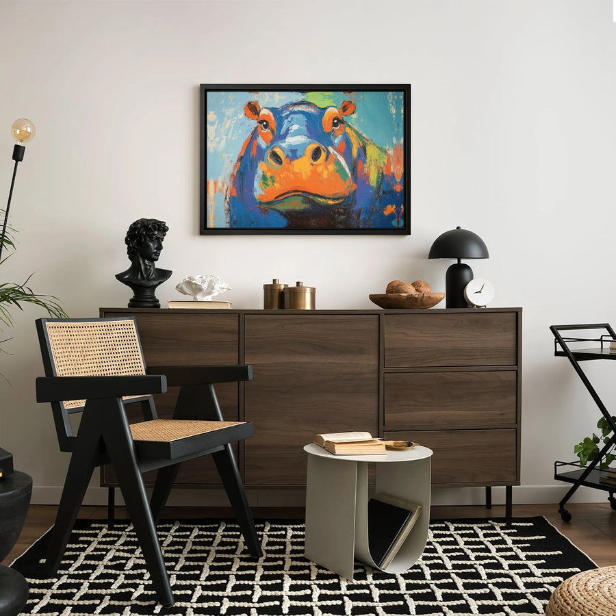 Abstract Hippopotamus Wall Art | Vibrant Palette Knife Style Oil Painting Print | Gallery-Wrapped Canvas | Animal Lover Home Decor Gift