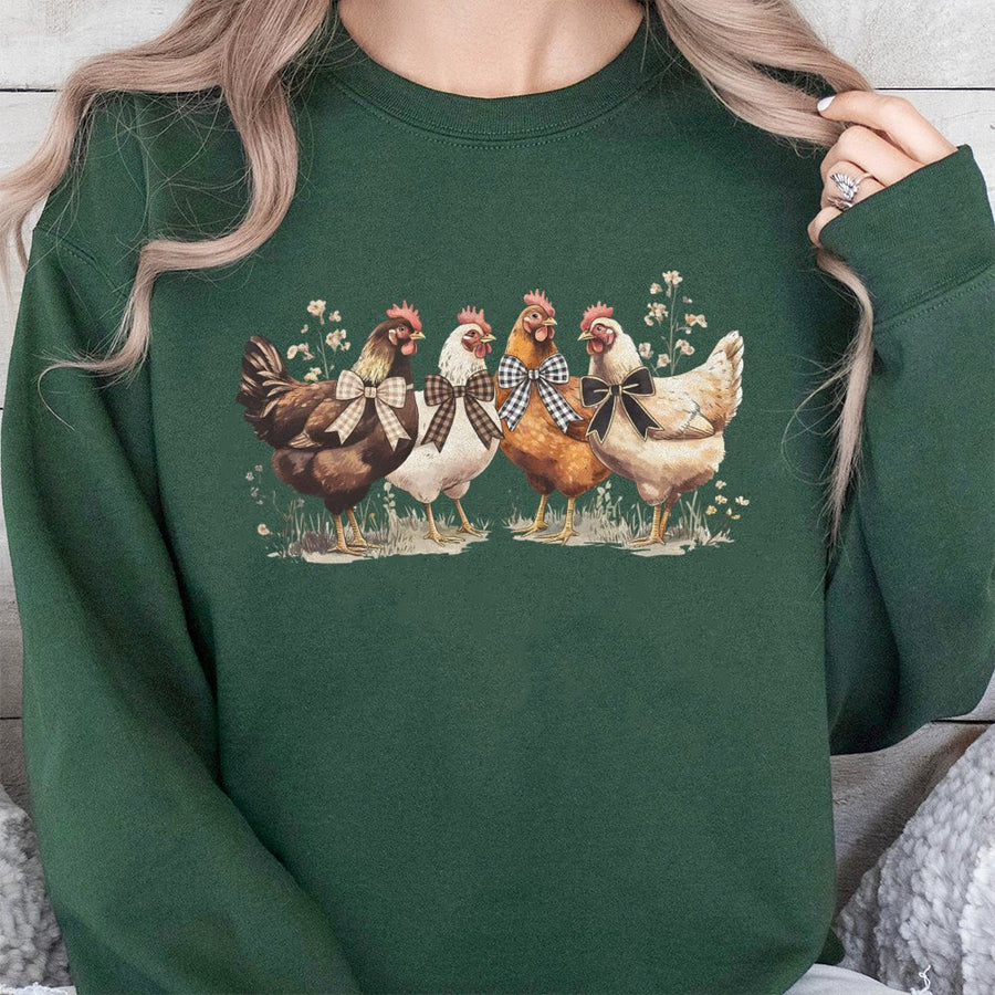 Chicken Sweatshirt | Cute Farm Animals with Buffalo Plaid Bows | Premium Cotton Blend Crewneck | Thanksgiving Fall Gift for Chicken Lovers