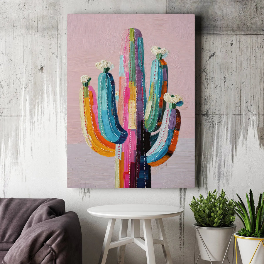 Abstract Saguaro Cactus Canvas Wall Art | Colorful Southwestern Desert Painting | Premium Gallery Wrap Print | Modern Boho Home Decor Gift