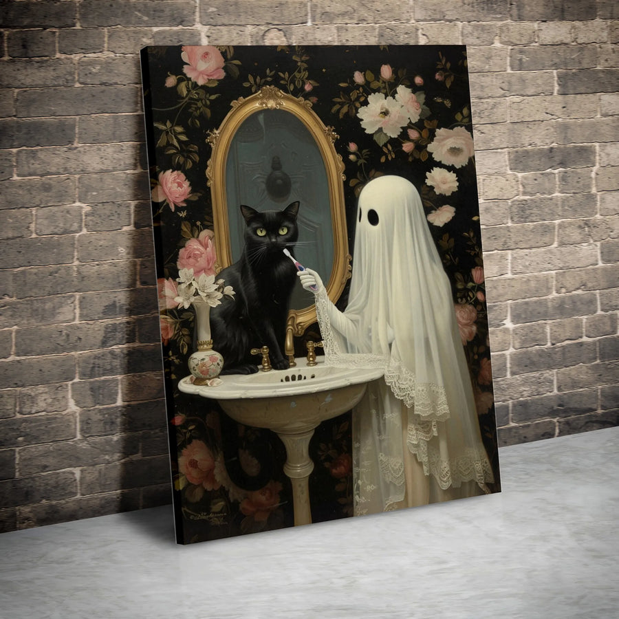 Ghost Brushing Cat Teeth Canvas Wall Art | Whimsical Spooky Bathroom Decor | Premium Fade-Resistant Gallery Wrap | Unique Gothic Gift