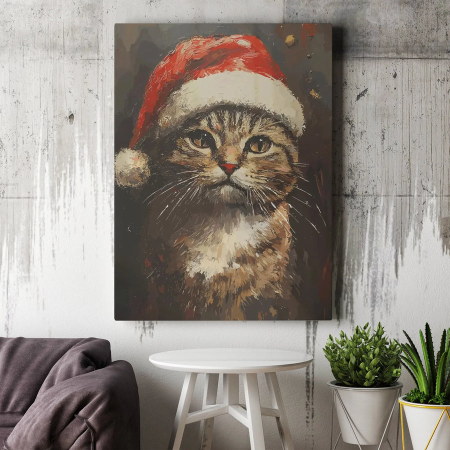 Christmas Cat Wall Art | Painterly Tabby in Santa Hat Canvas | Gallery Wrapped Premium Print | Festive Holiday Home Decor Gift
