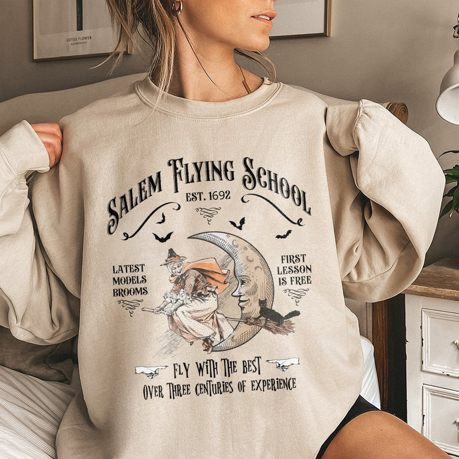 Salem Flying School Sweatshirt | Vintage Witch Aesthetic Graphic Print | Soft Cotton Blend Crewneck | Halloween Gift for Witchy Lovers
