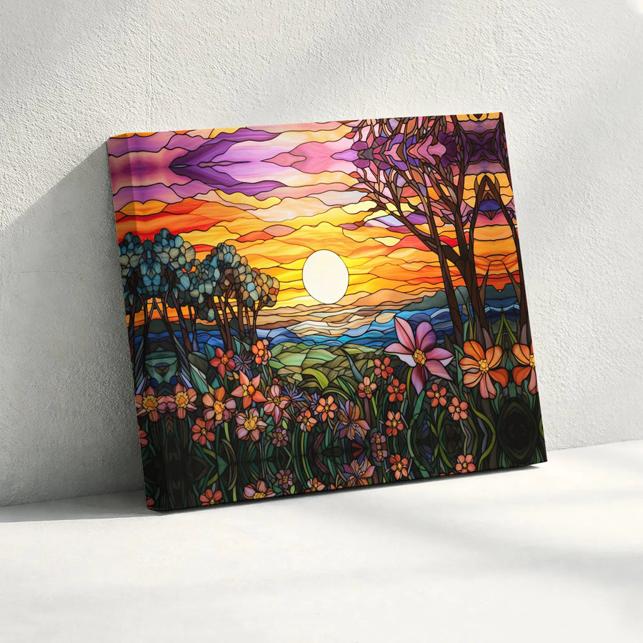 Stained Glass Sunset Landscape Canvas | Vibrant Floral Nature Wall Art | Premium Gallery Wrapped Print | Modern Home Decor Gift