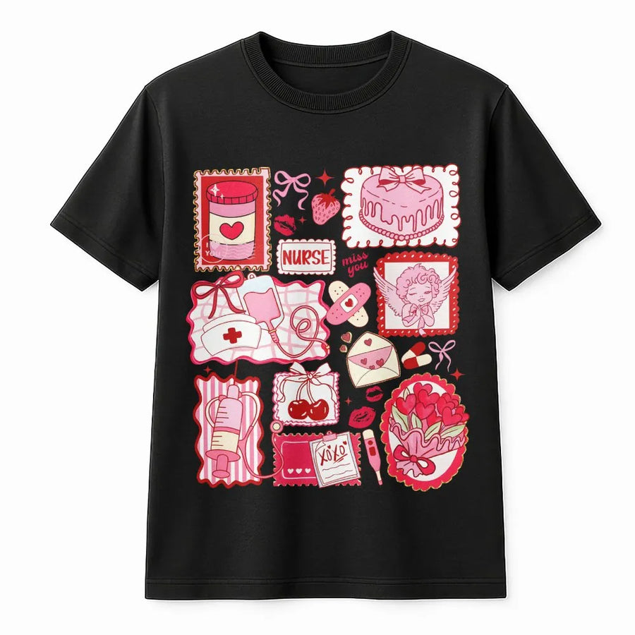 Nurse Valentine T-Shirt | Coquette Aesthetic Doodle Design | Premium Soft Cotton | Cute Gift for Nursing Students and RNs