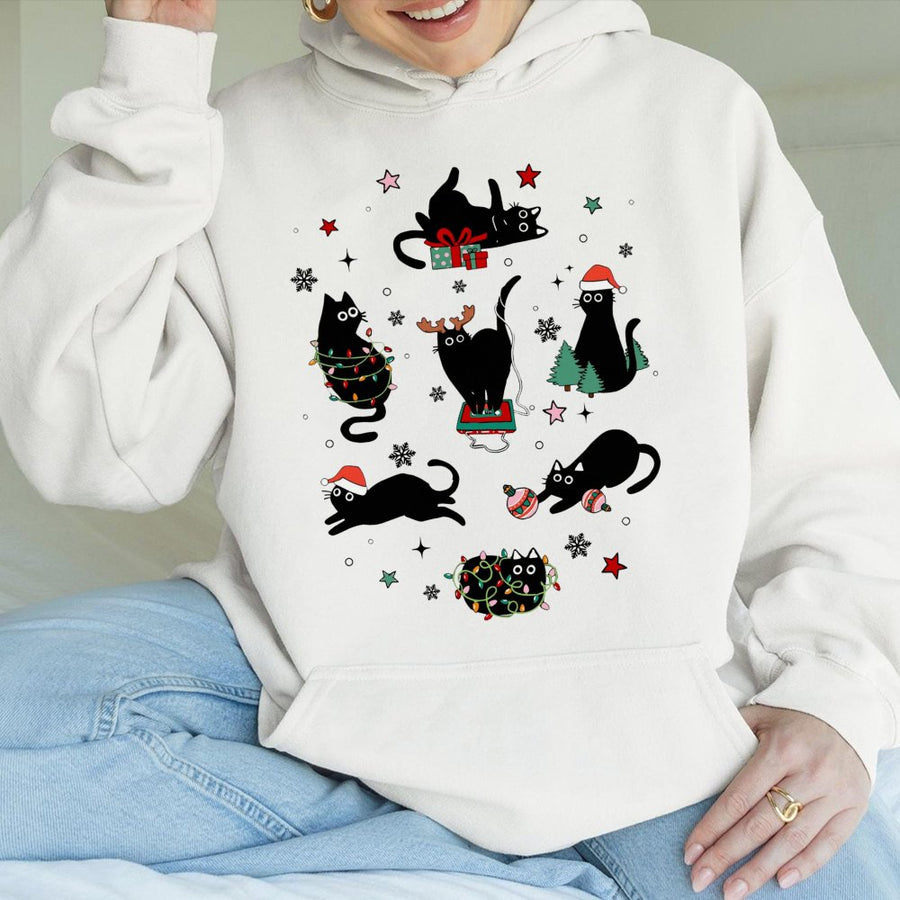 Christmas Cat Hoodie | Festive Black Cats Graphic Design | Soft Cotton-Blend Pullover | Cute Animal Lover Holiday Gift