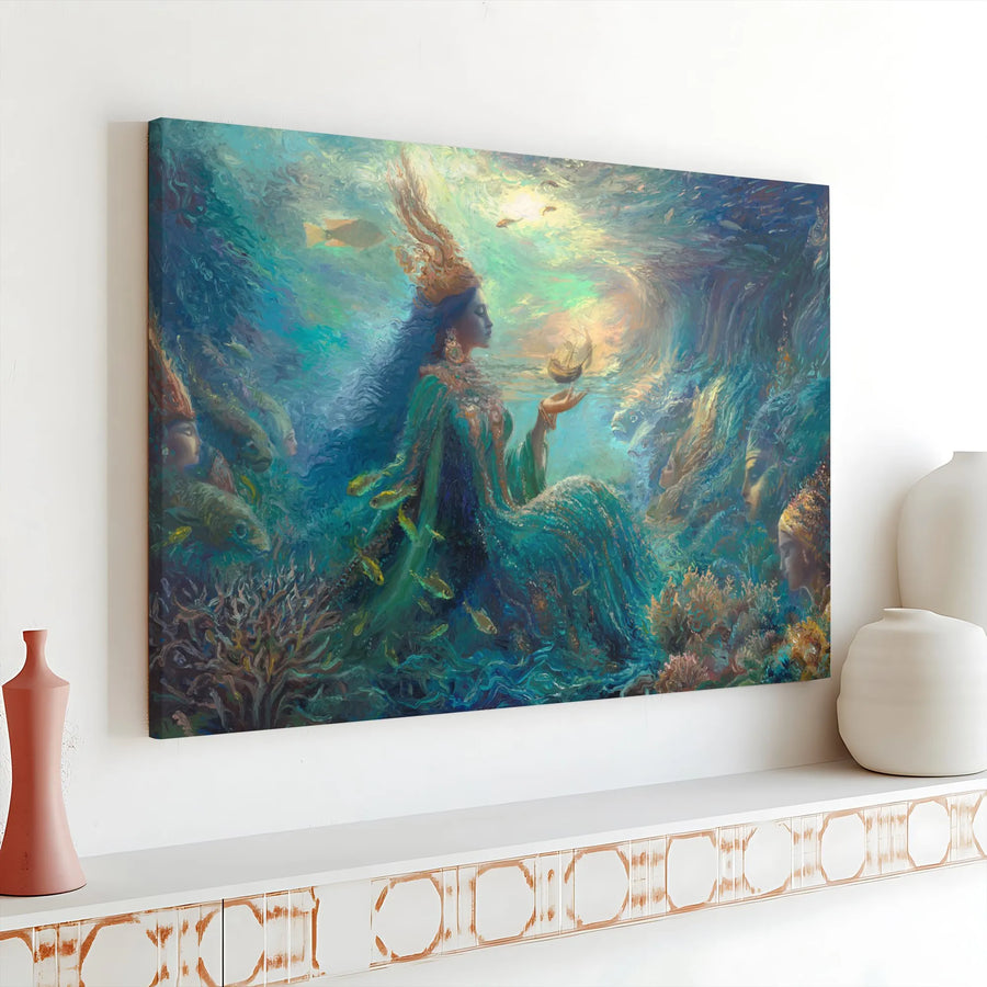 Mythical Sea Goddess Horizontal Canvas | Ethereal Underwater Ocean Queen Art Print | Premium 1.25” Gallery Wrap Frameless Wall Art | Mystical Fantasy Home Decor Gift