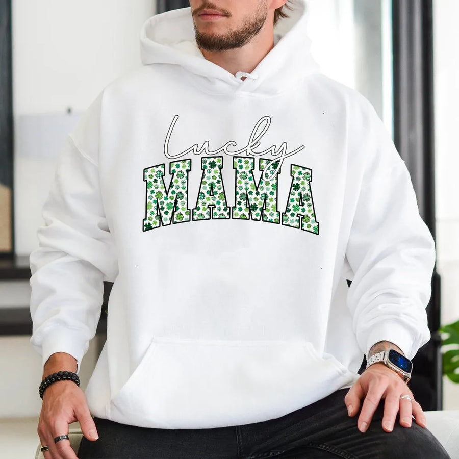 Lucky Mama Hoodie | St Patrick's Day Shamrock Graphic | Premium Cotton Blend Sweatshirt | Cute Gift for Mom