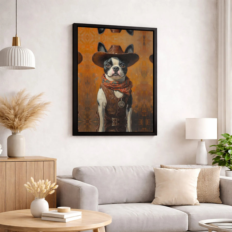 Boston Terrier Cowboy Canvas | Sheriff Dog Western Wall Art | Premium 1.25-Inch Gallery Wrap | Funny Pet Portrait Gift for Dog Lovers