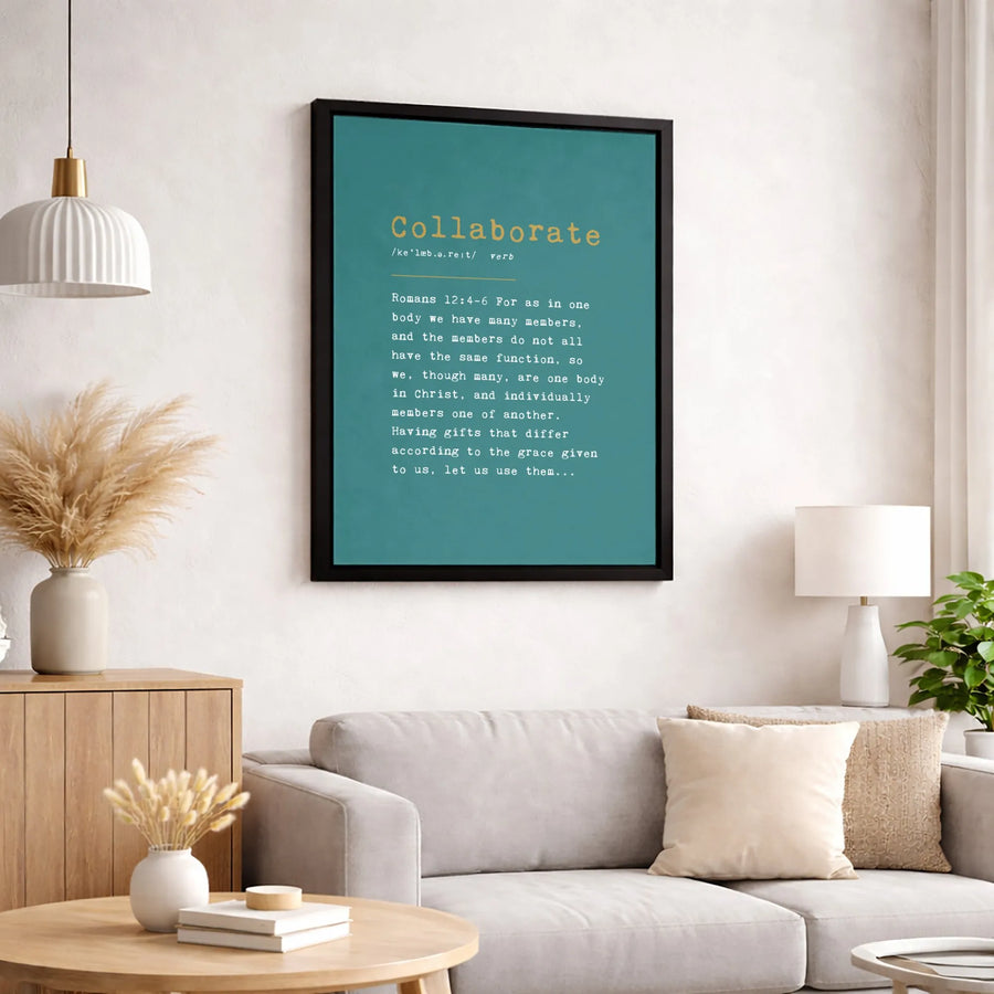 Collaborate Bible Verse Canvas | Romans 12:4-6 Definition Wall Art | Gallery Quality Framed Print | Christian Home Decor Gift for Office