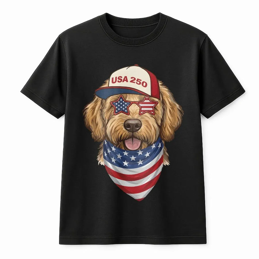 USA 250th Anniversary T-Shirt | Patriotic Dog with American Flag Graphic | Soft Cotton Blend Pullover | Fourth of July Gift for Dog Lovers