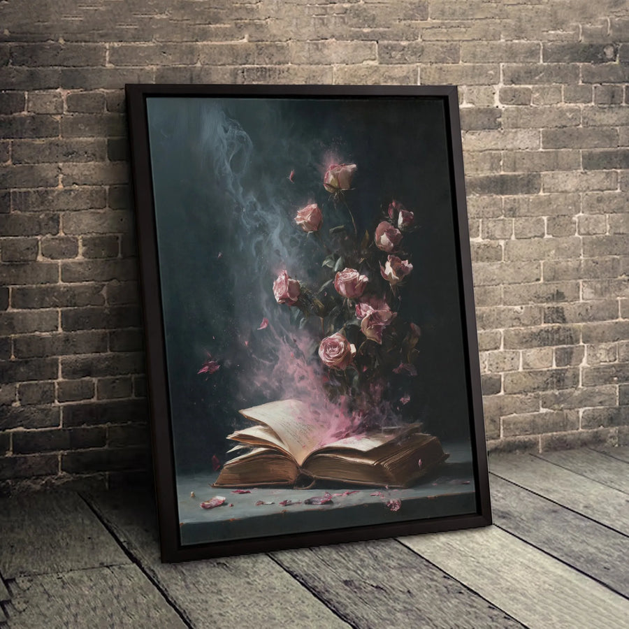 Enchanted Book With Pink Roses Canvas | Surreal Floral Wall Art | Gallery-Quality Fade-Resistant Print | Magical Home Decor Gift for Book Lovers