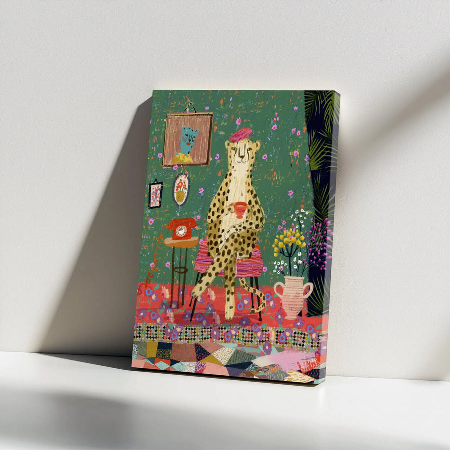 Whimsical Cheetah Canvas Wall Art | Maximalist Decor with Animal in Beret | Premium Gallery Wrap Canvas | Eclectic Home Decor Gift for Living Room