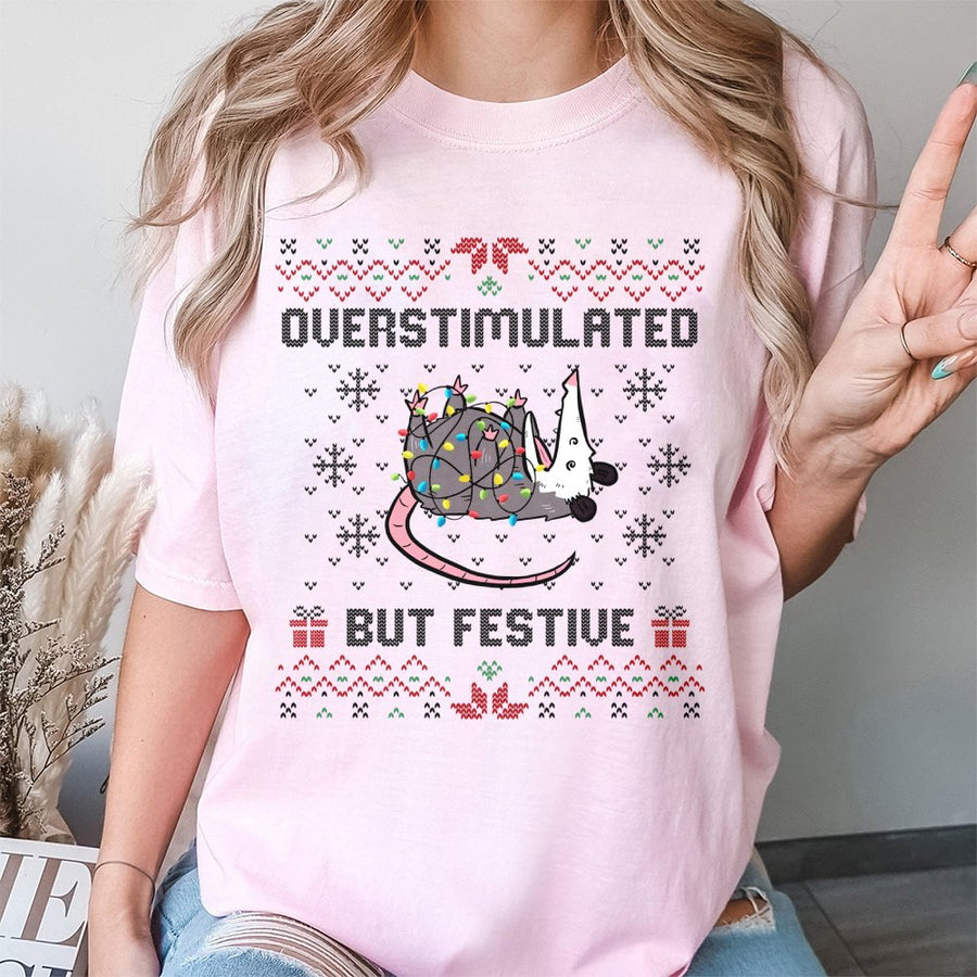 Overstimulated But Festive Opossum T-Shirt | Funny Ugly Christmas Sweater Style Graphic | 100% Cotton Premium Tee | Unique Holiday Gift for Animal Lovers