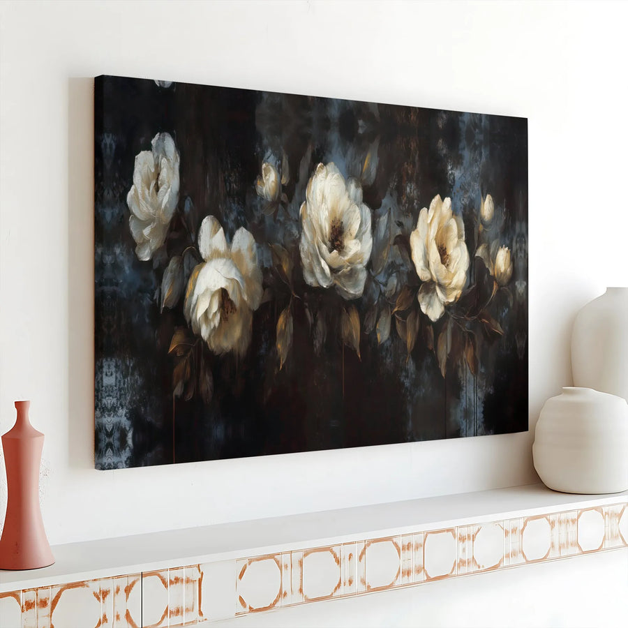 White Floral Canvas Wall Art | Moody Dark Abstract Rose Painting | Premium Gallery Wrapped Decor | Modern Botanical Living Room Gift