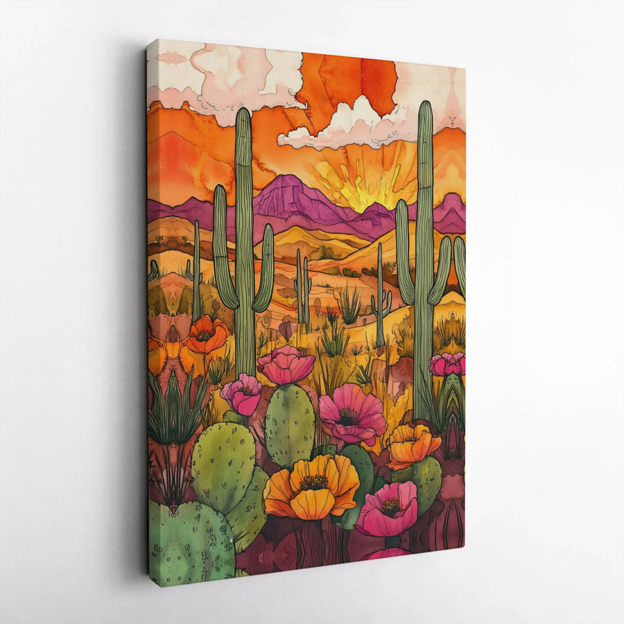Desert Cactus Canvas Wall Art | Boho Watercolor Desert Scene | Premium 1.25" Thick Gallery Wrap | Southwestern Home Decor Gift