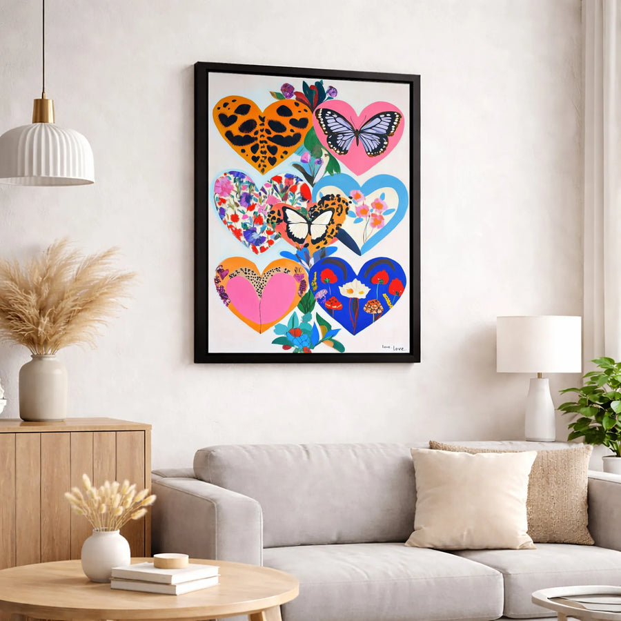Heart Wall Art Canvas | Colorful Butterfly Floral Collage | Premium Gallery Wrapped Print | Modern Bohemian Home Decor Gift
