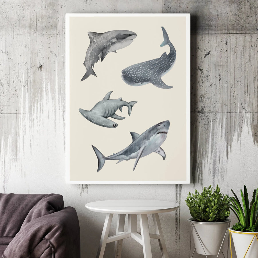Watercolor Shark Wall Art | Coastal Marine Life Gallery Canvas | Premium Fade-Resistant Print | Ocean Decor for Bedroom or Living Room