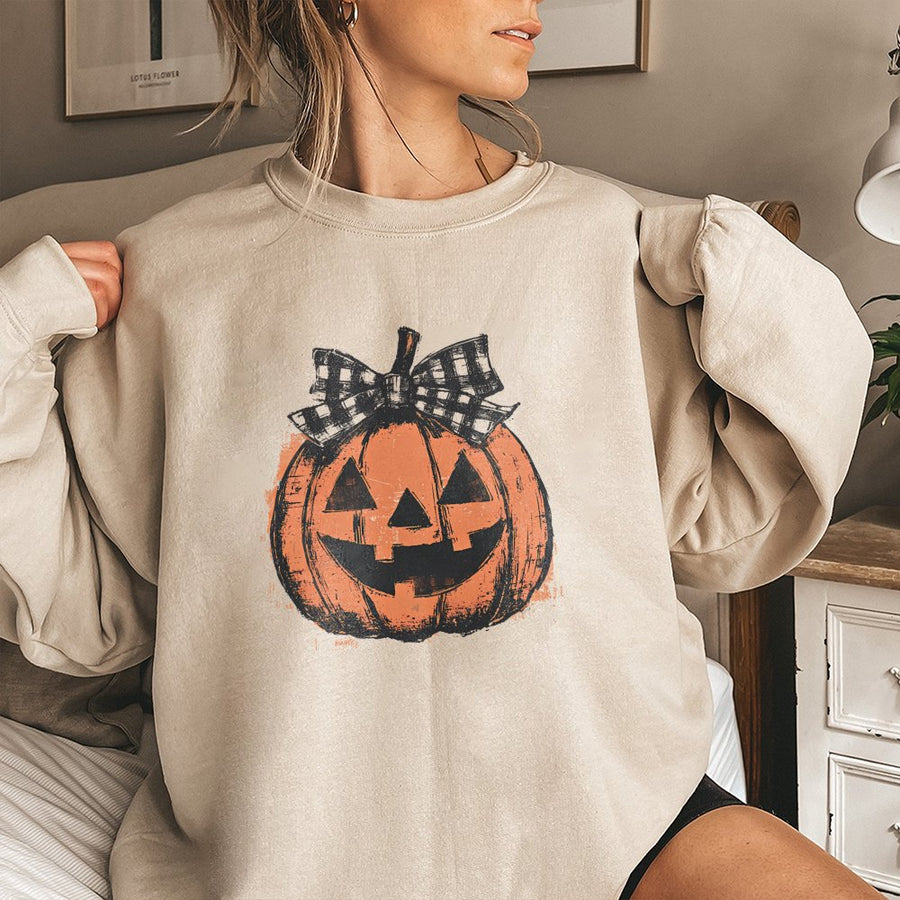 Halloween Pumpkin Sweatshirt | Retro Coquette Bow Graphic | Premium Cotton Blend | Trendy Fall Gift for Women