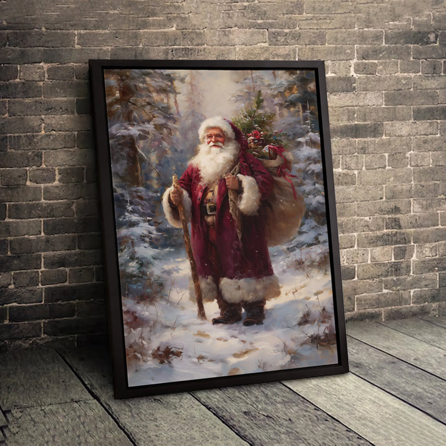Traditional Santa Claus Canvas Art | Snowy Forest Winter Painting | Premium Gallery-Wrapped Print | Christmas Home Decor Gift