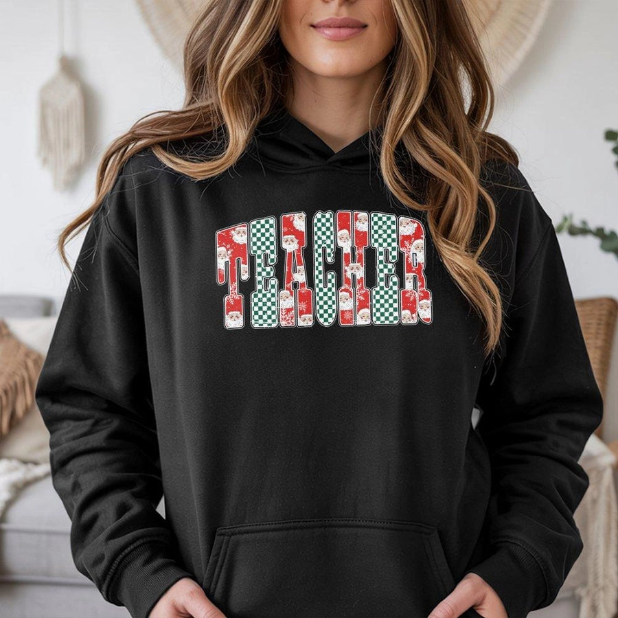 Teacher Christmas Hoodie | Festive Santa And Checkered Print | Premium Cotton-Poly Blend | Cute Holiday Teacher Gift Apparel For Educators