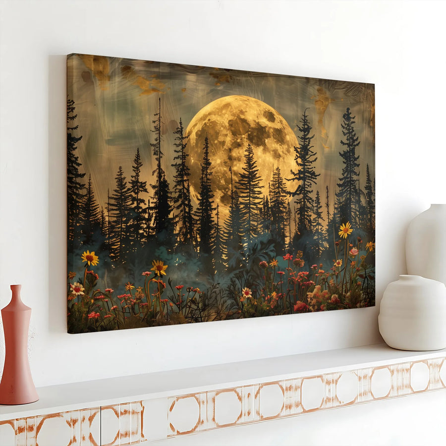 Full Moon Pine Forest Canvas | Moody Woodland Wildflower Art | Premium 1.25-Inch Gallery Wrap | Nature Wall Decor Gift for Home Office