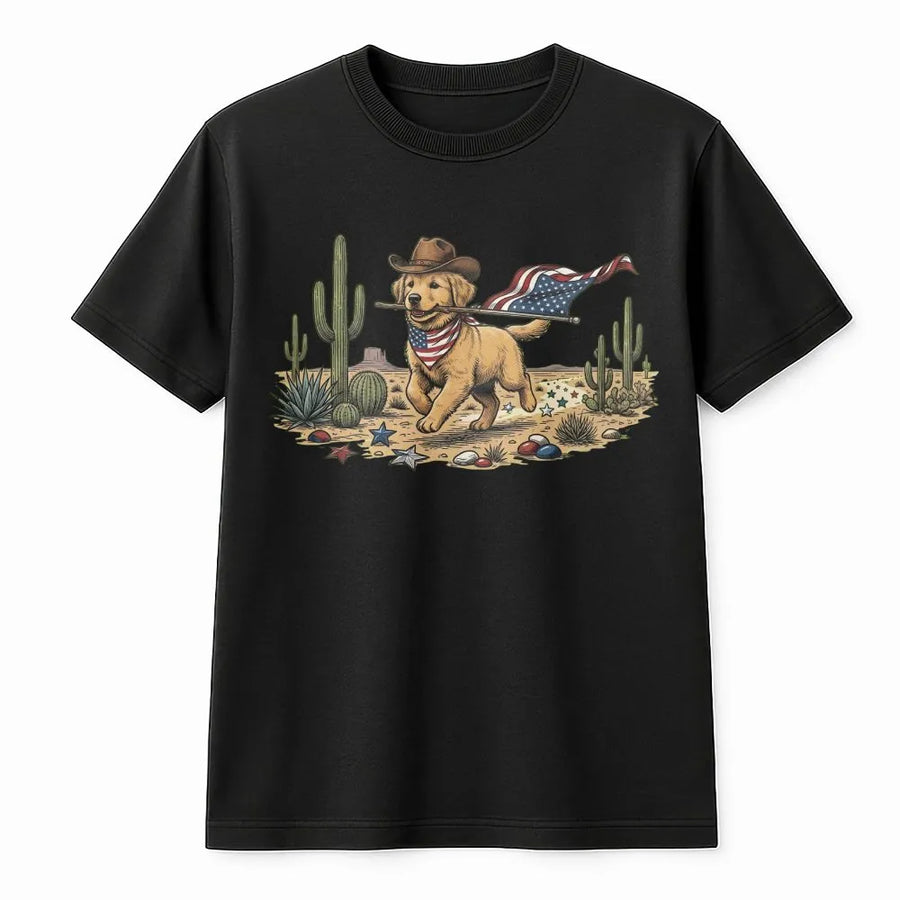 Patriotic Cowboy Dog T-Shirt | Funny Golden Retriever with USA Flag | Premium Soft Cotton Tee | 4th of July Gift for Dog Lovers