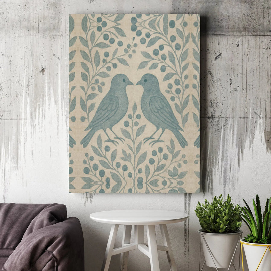 Two Birds Wall Art | Vintage Folk Style Floral Berry Vine Print | Premium Gallery Wrap Canvas | Romantic Home Decor Gift for Nature Lovers