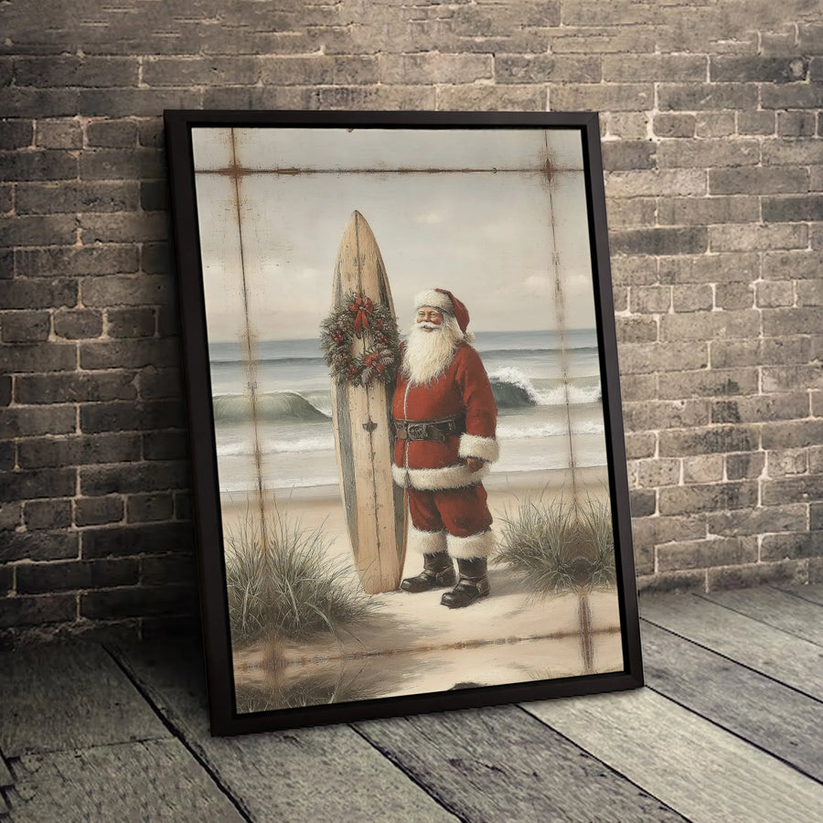 Coastal Santa Surfboard Wall Art | Vintage Beach Christmas Decor | Premium Gallery Wrap Canvas | Unique Holiday Gift for Surf Lovers