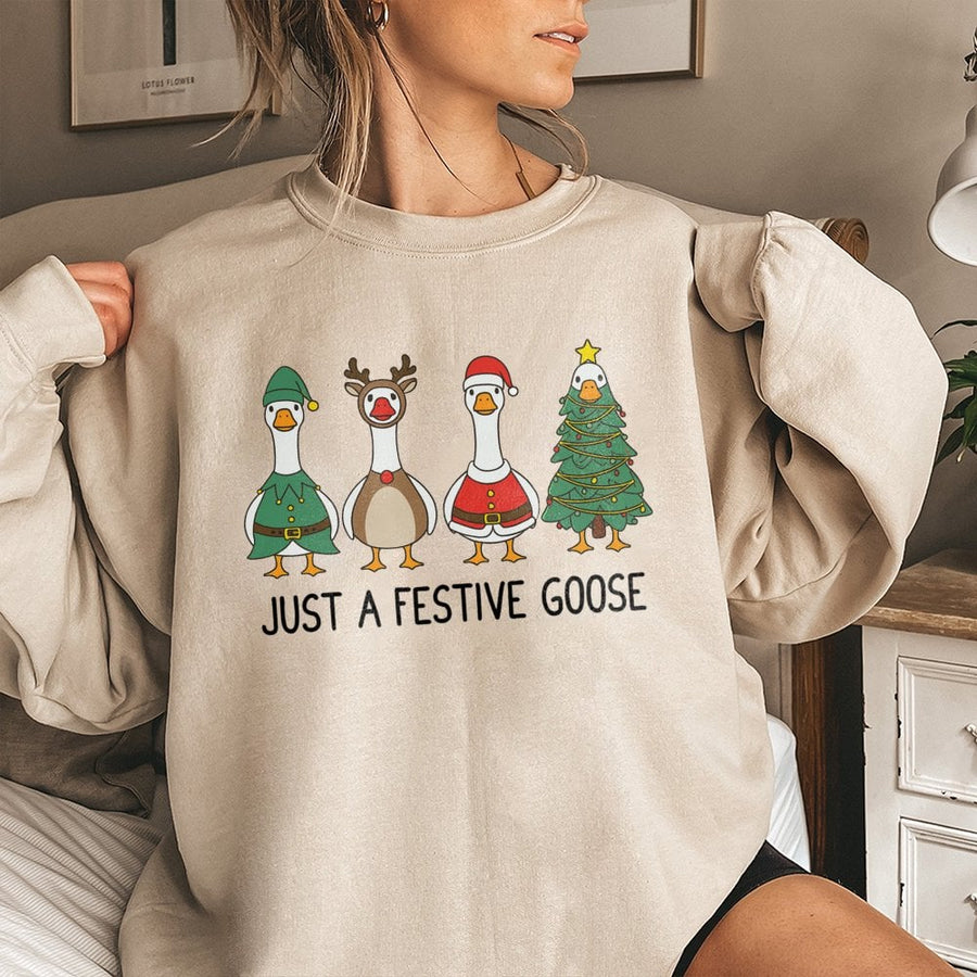Festive Goose Christmas Sweatshirt | Funny Cute Holiday Birds Graphic | Premium Cotton Blend Unisex Crewneck | Cute Animal Lover Xmas Gift