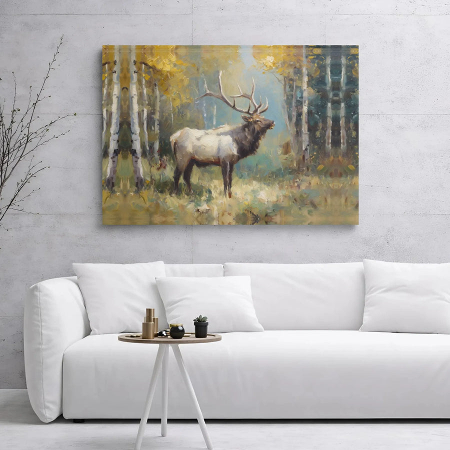 Majestic Bull Elk Canvas Print | Autumn Aspen Forest Oil Painting Style | 1.25" Gallery Wrap | Wildlife Nature Wall Art for Cabin Lodge Decor