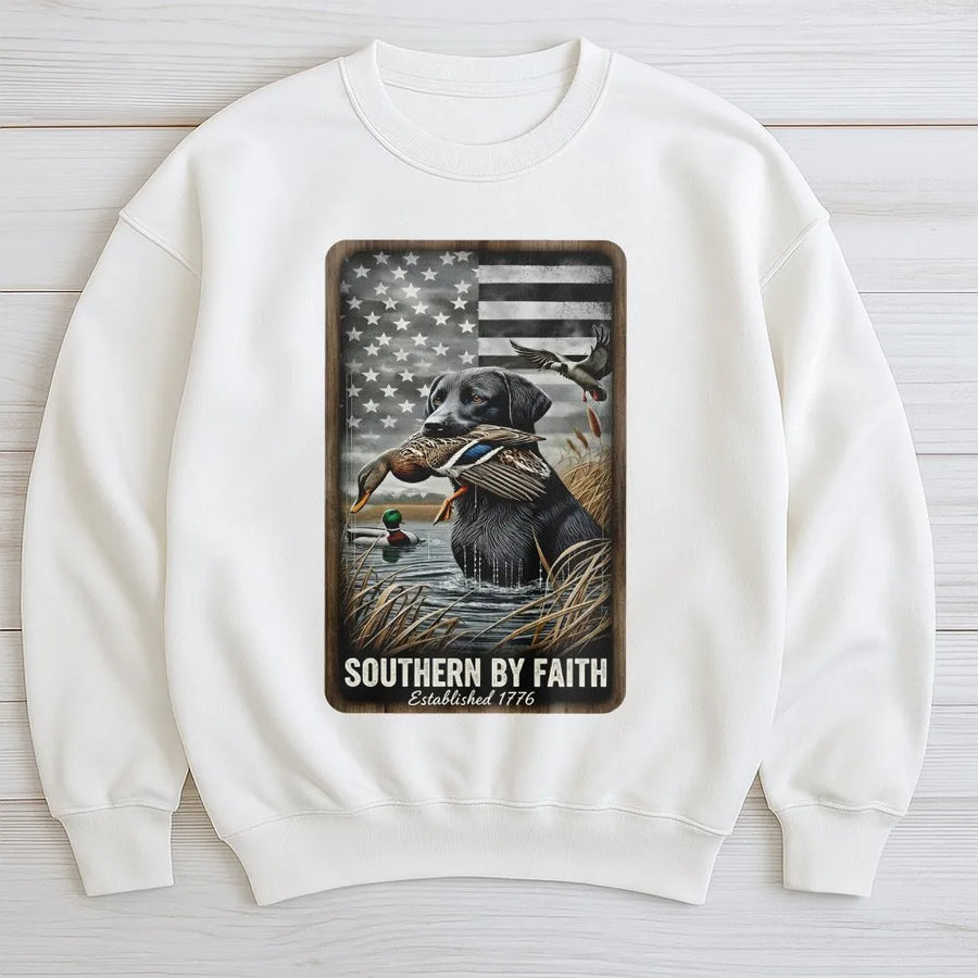 Black Lab Hunting Sweatshirt | Patriotic American Flag Duck Retriever Design | Premium Cotton Blend | Gift for Hunter & Outdoorsman
