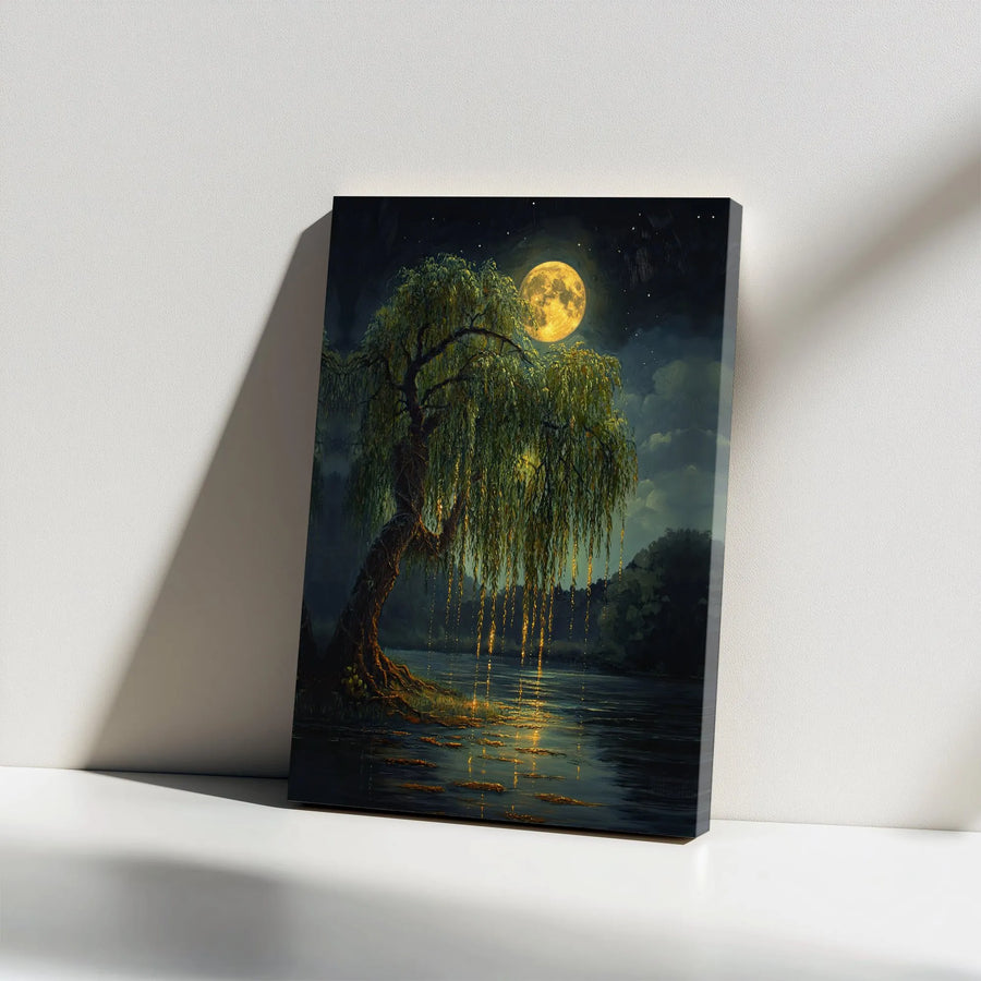 Weeping Willow Canvas Wall Art | Moonlight Forest Lake Landscape | Premium Gallery Wrapped Decor | Enchanted Nature Print for Home Office