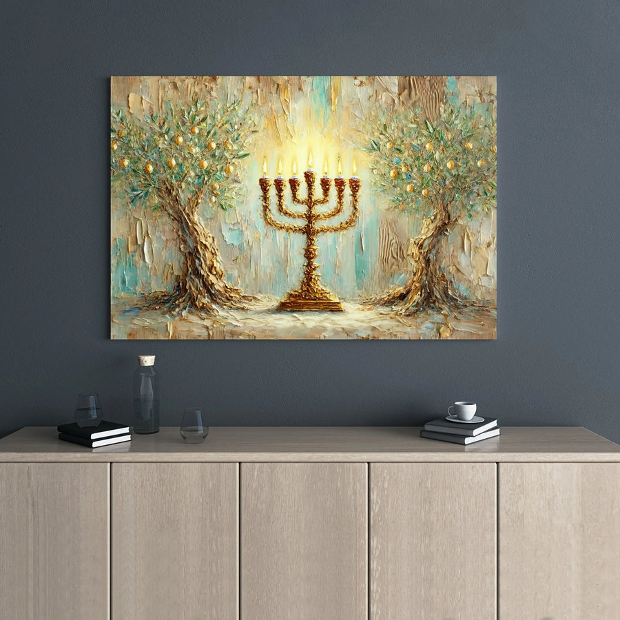 Menorah Canvas Wall Art | Golden Olive Trees Impasto Print | Gallery Wrap Premium Decor | Jewish Home Gift for Hanukkah Holiday