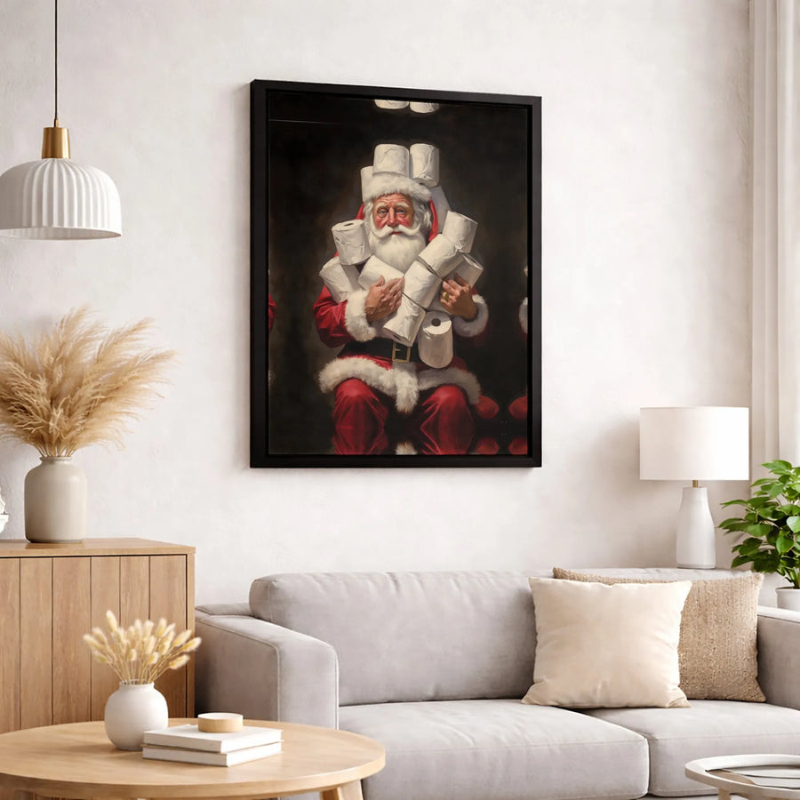 Funny Santa Claus Toilet Paper Hoarding Wall Art | Classical Oil Painting Style | Premium 1.25" Thick Gallery Canvas | Unique Holiday Gag Gift